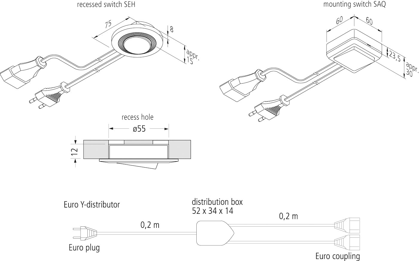 SEH 230V aan/uit schakelaar 55mm incl. 2m eurokabel