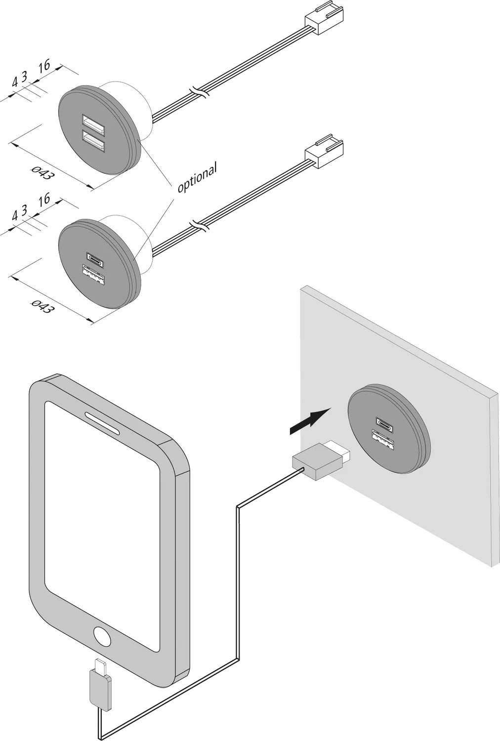 USB-A + USB-C oplader/contactdoos 24V 20W
